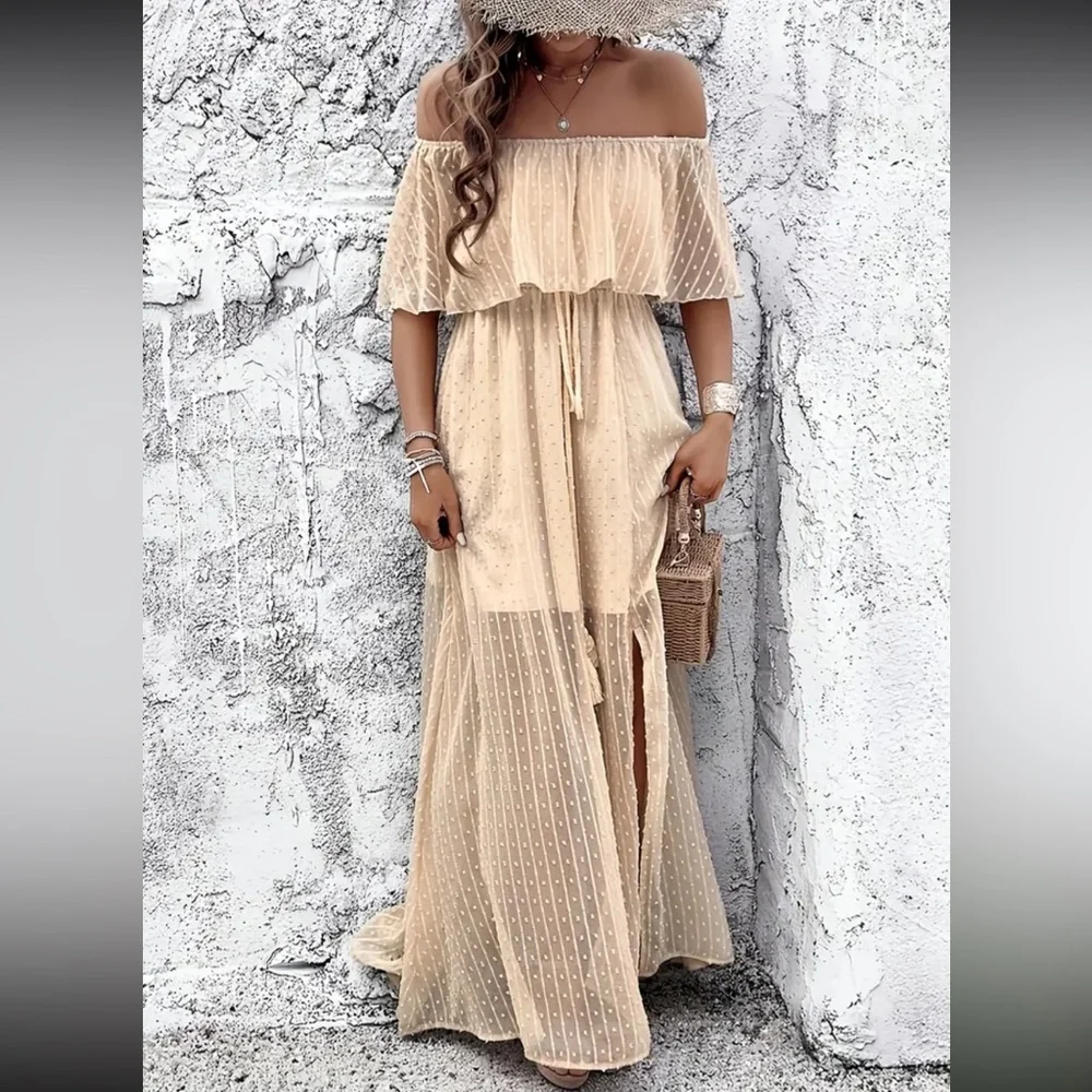 Cream Ruffled Off-Shoulder Maxi Sundress - Picture 5 of 11